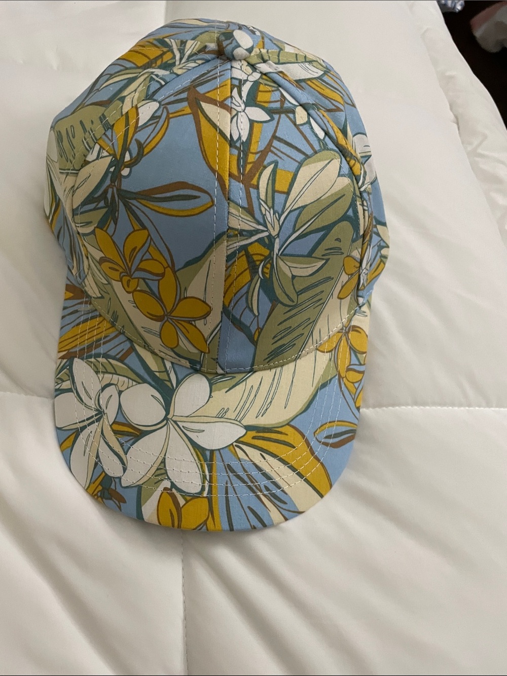 Tropical Floral Baseball Cap in Light Blue and Mustard.